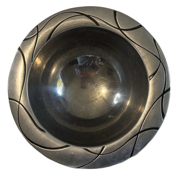 Lenox Vibe Metal Bowl Silver Abstract Black Swirl Salad Centerpiece Decoration - Picture 1 of 6